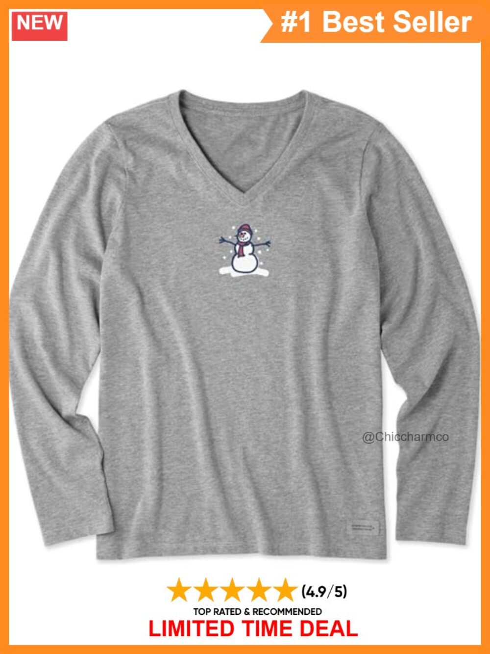 Life is Good Crusher Tee Long Sleeve Cotton Graphic T-Shirt Tiny Little Snowman